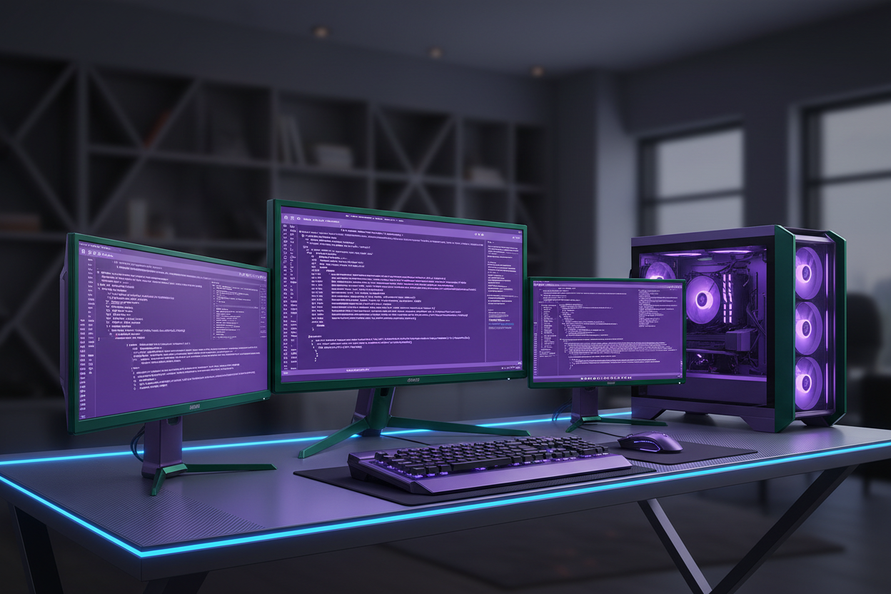 image of a emerald green, royal blue, and metallic purple multiscreen computer system with glowing violet code on the screen